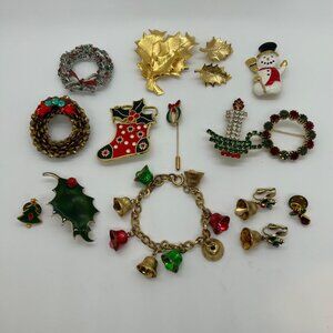 Christmas Jewelry Lot  Brooches Bracelet Earrings Vintage Modern Holly Candle